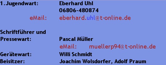 1.Jugendwart:		Eberhard Uhl 
				06806-480874		eMail:	eberhard.uhl@t-online.de2.Jugendwart:		Pa...